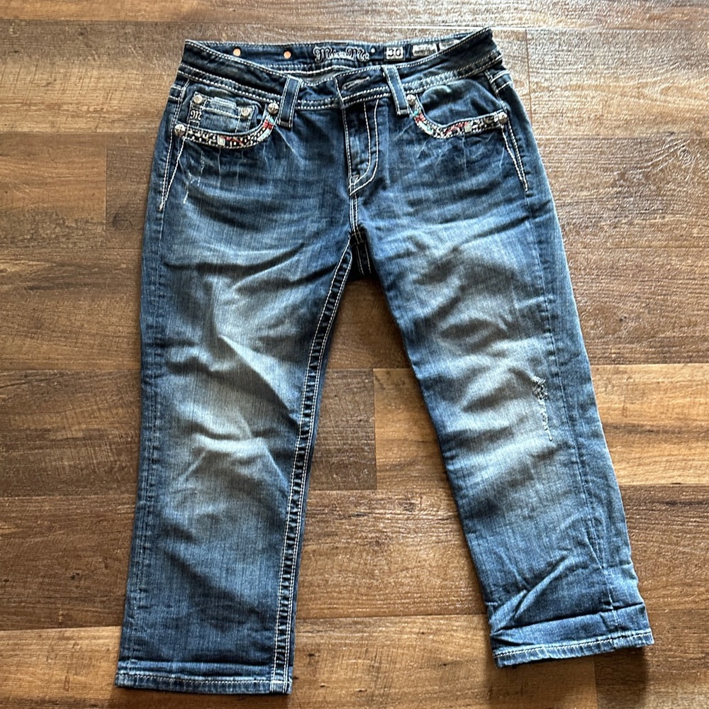 Miss Me Blue Cropped Jeans with Embellished Pockets